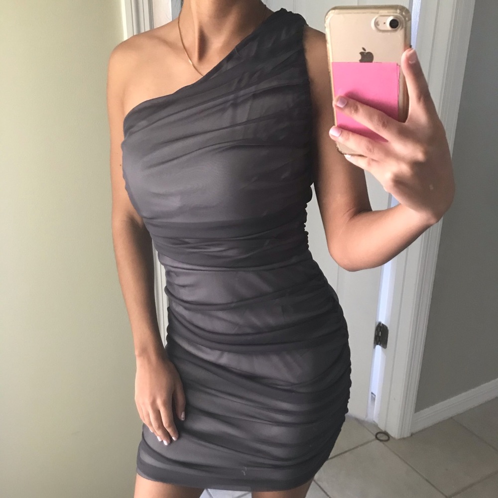 DARK GREY ONE SHOULDER FORMAL DRESS